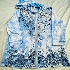 Chico's Zenergy Blue & White 34 Sleeve Zip Up Sweatshirt Size XL